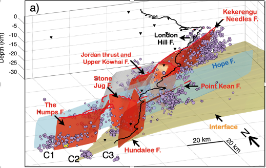 A complex diagram of faults and earthquakes.