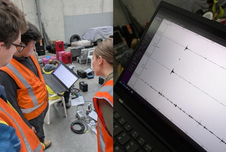 Three people testing a seismometer and seeing a small earthquake.